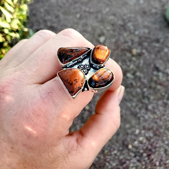 New Tiger Eye & Mahogany Obsidian 925 Silver Ring. - Picture 9 of 15